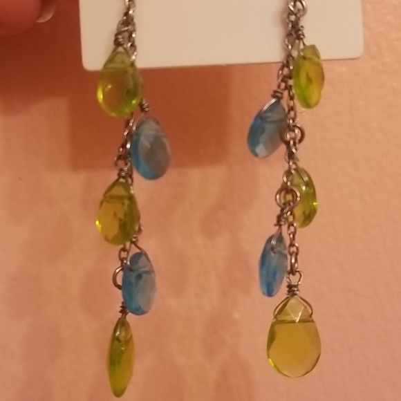 Blue and Green gem drop earrings - Picture 2 of 2